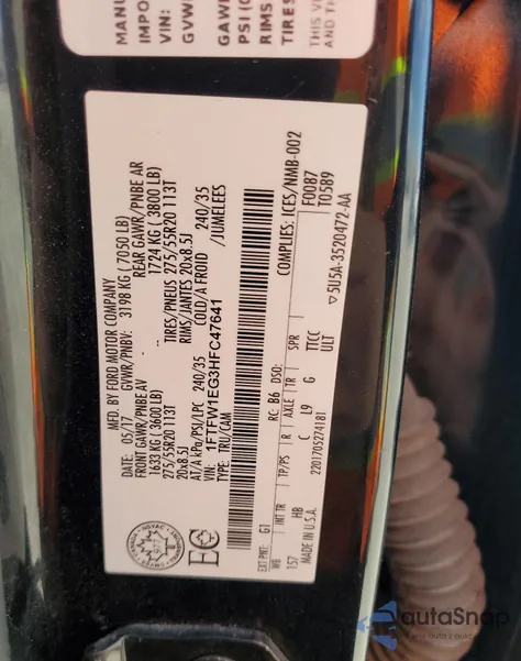 2017 Ford F150 Supercrew z USA, uszkodzony, nr VIN 1FTFW1EG3HFC47641